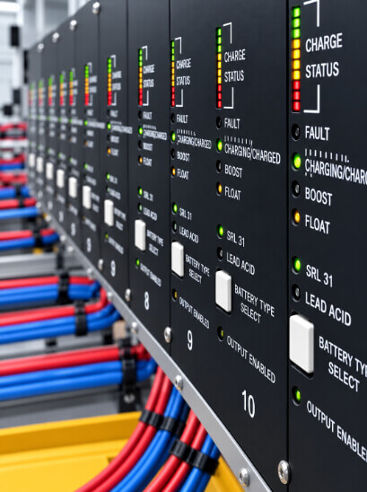 Side view of a black charging station with blinking green and orange and red and blue wires that show from under each charging station.